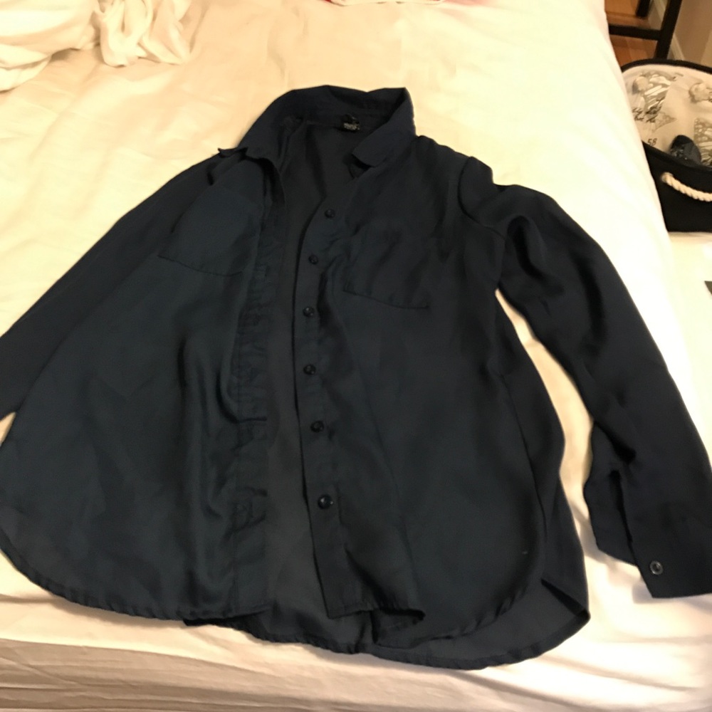 Navy blue mesh blouse.